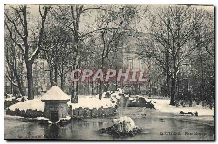 St-ÉTIENNE - Place Marengo — vue hivernale avec fontaine et kiosque enneigés