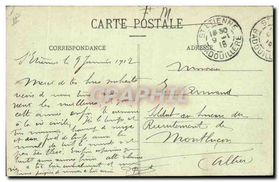 St-ÉTIENNE - Place Marengo — vue hivernale avec fontaine et kiosque enneigés — Reverso