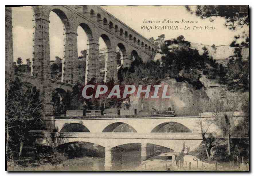 CPA Environs d'Aix en Provence Roquefavour Les Trois Ponts Train