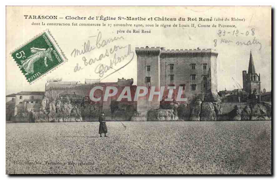Tarascon — Clocher de l'Église Sainte-Marthe et Château du Roi René (côté du Rhône) — Éditeur : Éloi Blanchet, Tarascon, Bop. Intitulée