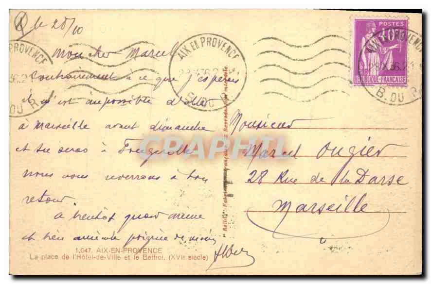 Place de l'Hôtel-de-Ville et le Belfroi — Aix-en-Provence — éditeur Rellaz — Verso