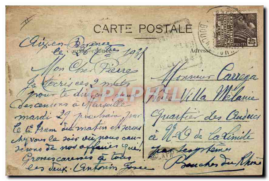 Aix-en-Provence — Tour de l'Horloge (XIIIe siècle) — Éditeur G. Martinet, Aix — Verso