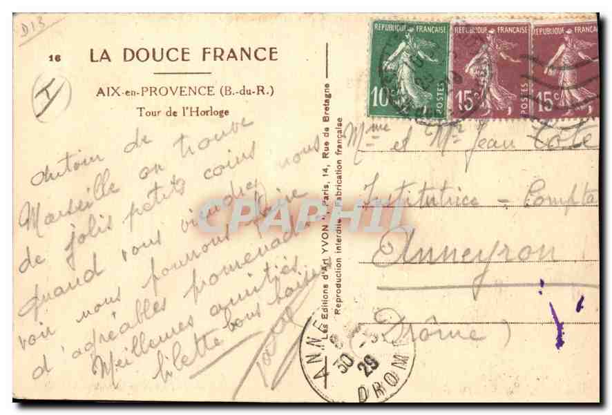 Aix-en-Provence — Tour de l'Horloge — Éditions d'Art Yvon — Achterkant