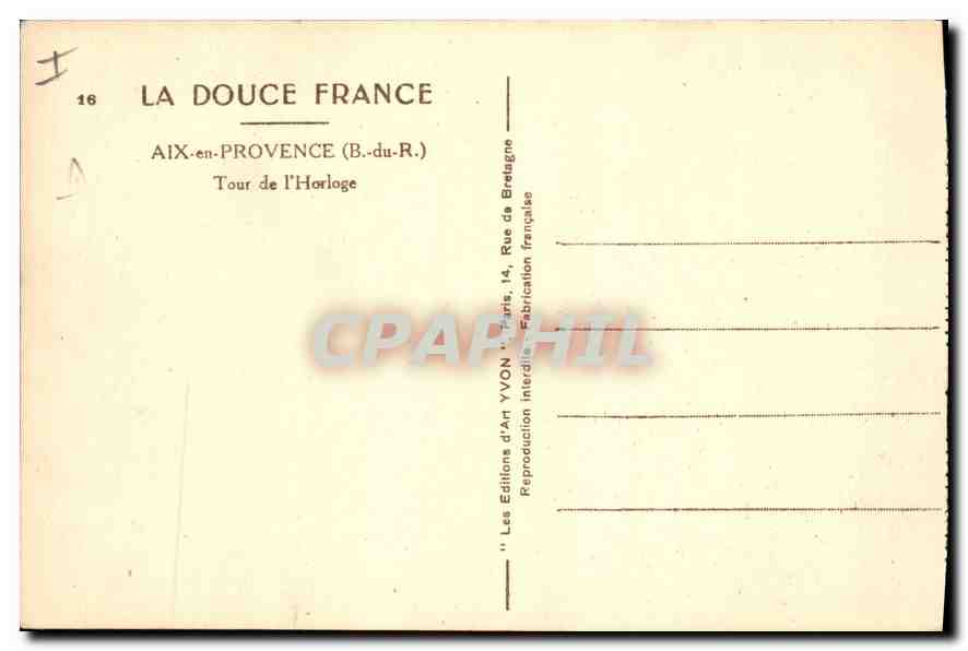 Aix-en-Provence — Tour de l'Horloge — Éditions d'Art YVON — Verso