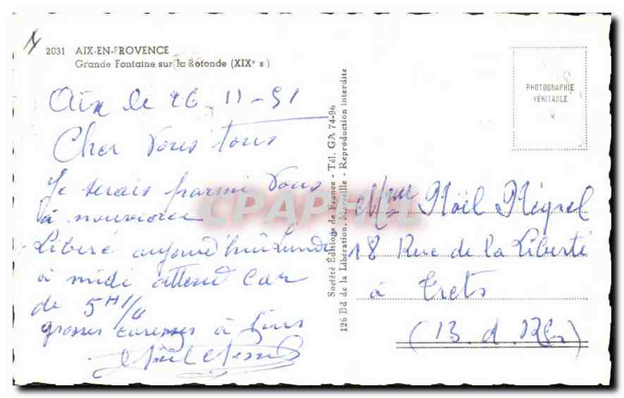 Aix-en-Provence — Grande Fontaine sur la Rotonde — Société Édition de France — Verso