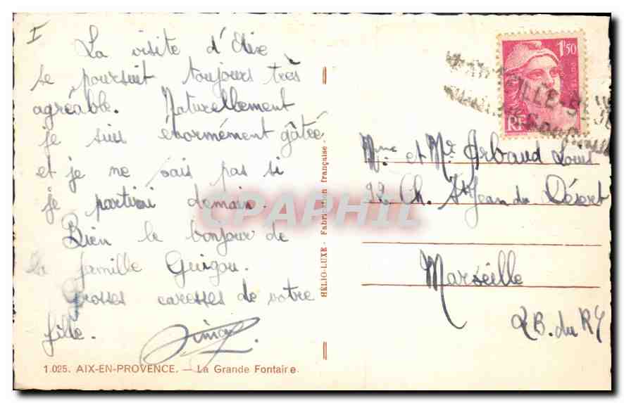 Aix-en-Provence — La Grande Fontaine — Hélio-Luxe, n°1.025 — Verso