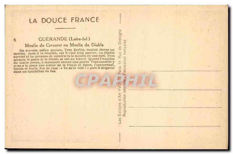 CPA La Douce France Guerande Loire Inf Moulin du Cremeur ou Moulin du Diable  — Rückseite