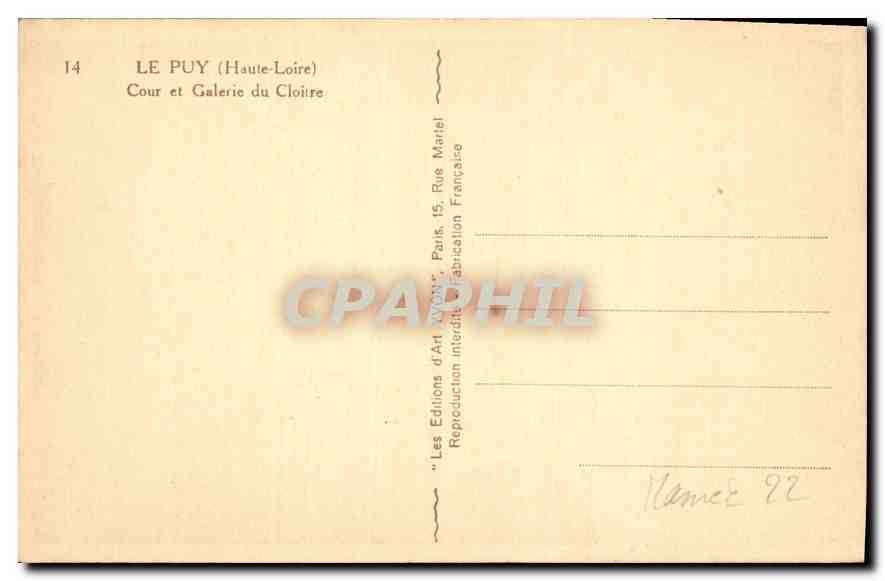 CPA Le Puy Hte Loire Cour et Galerie du Cloitre  — Rückseite