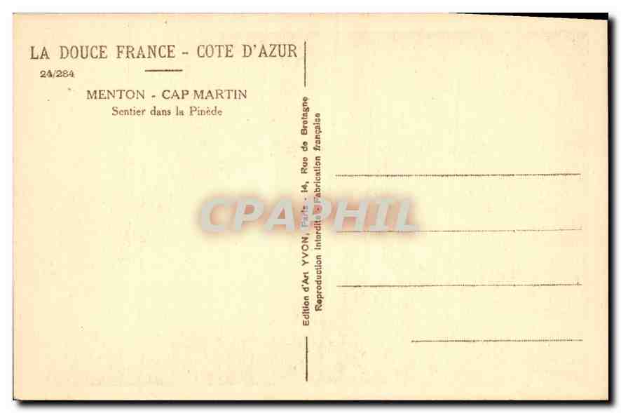 CPA La Douce France Cote d'Azur Menton Cap Martin Sentier dans la Pinede  — Rückseite