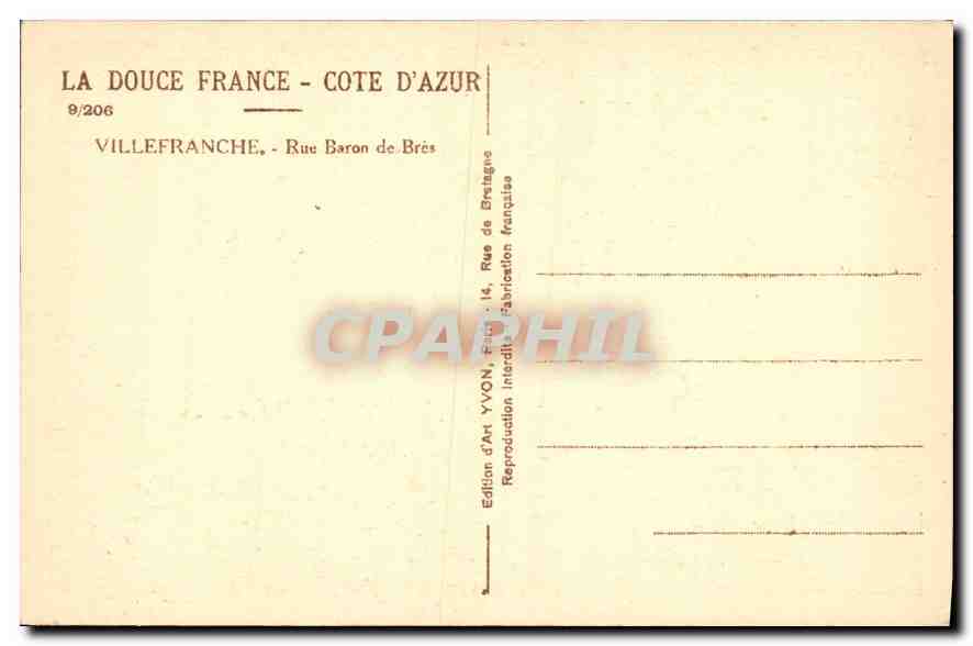 Villefranche-sur-Mer — Rue Baron de Brés — Édition d'Art YVON — Rückseite