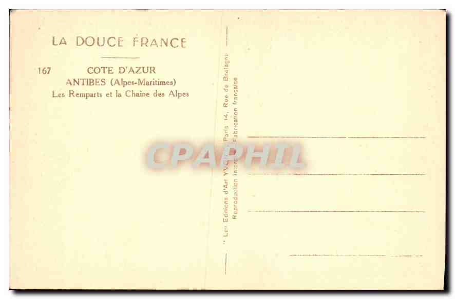 Antibes — Les Remparts et la Chaîne des Alpes — Les Éditions d'Art VY.C. Paris — Verso