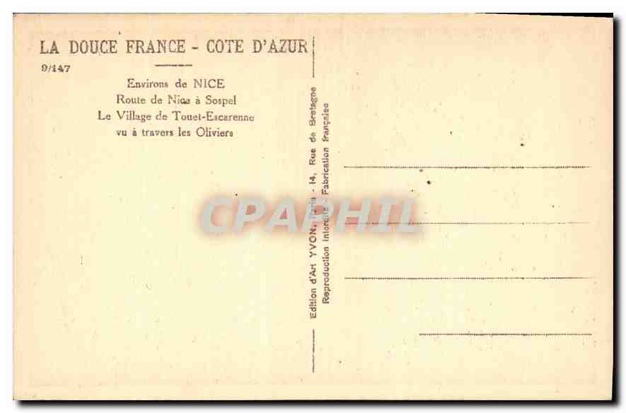CPA La Douce France Cote d'Azur Environs de Nice Route de Nice a Sorpel Le Village de Touet Escarenn — Rückseite