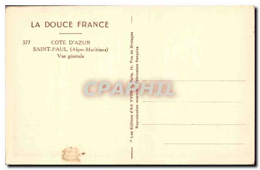 CPA La Douce France Cote d'Azur Saint Paul Alpes Maritimes Vue generale  — Rückseite