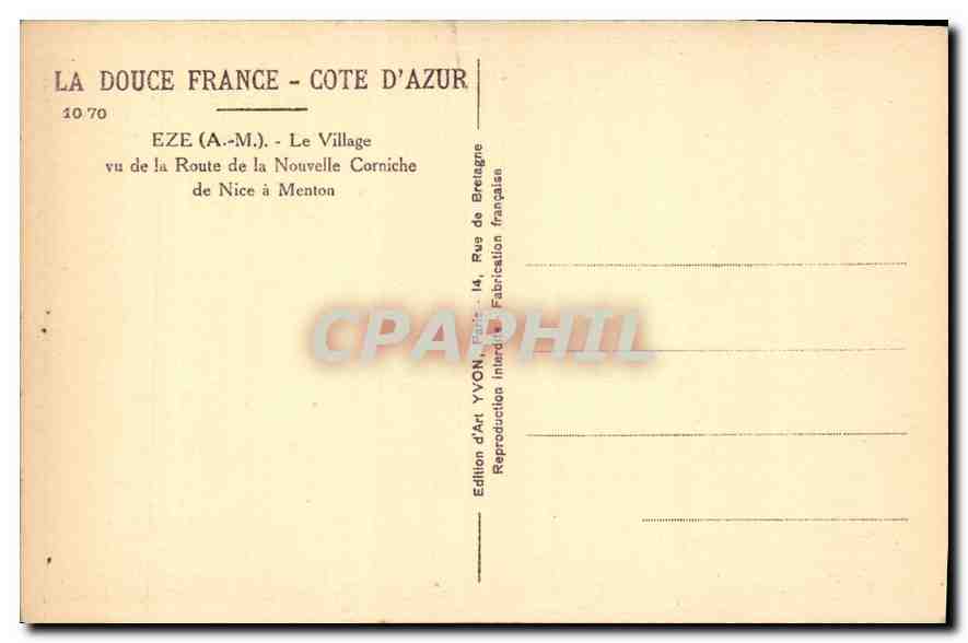 CPA La Douce France Cote d'Azur Eze A M Le Village vue de la Route de la Nouvelle Corniche de Nice a — Rückseite