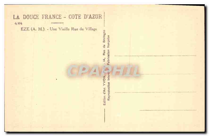 Eze (A.M.) — Une Vieille Rue du Village — Édition d'Art YVON, 14 Rue de Bretagno — Reverso