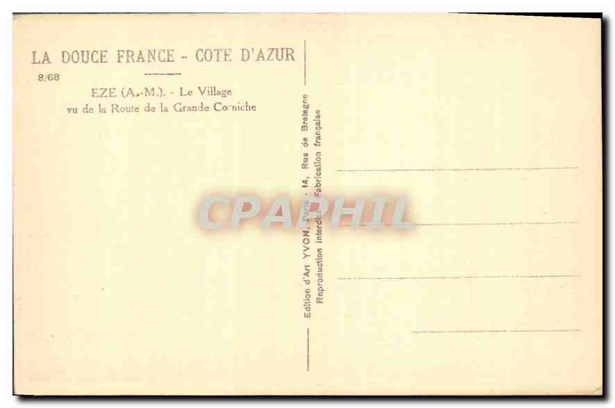 CPA La Douce France Cote d'Azur Eze AM Le Village vu de la Route de la Grande Corniche  — Rückseite