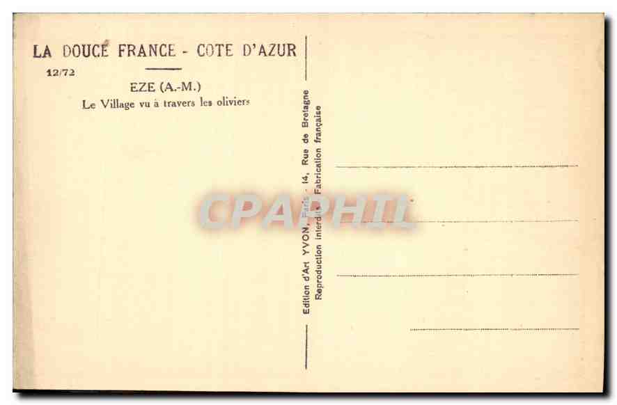 CPA La Douce France Cote d'Azur Eze AM Le Village vu a travers les olivers  — Rückseite