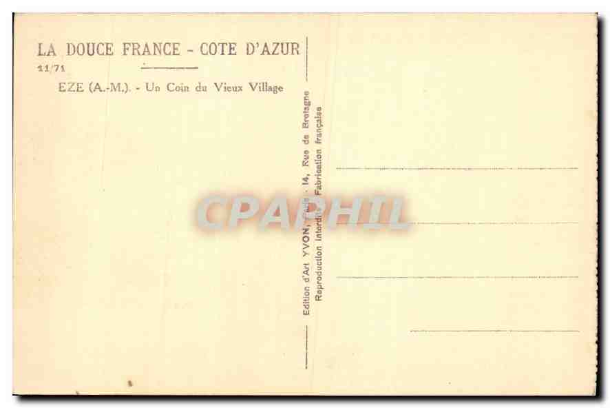 CPA La Douce France Cote d'Azur Eze AM Un Coin du Vieux Villlage  — Rückseite