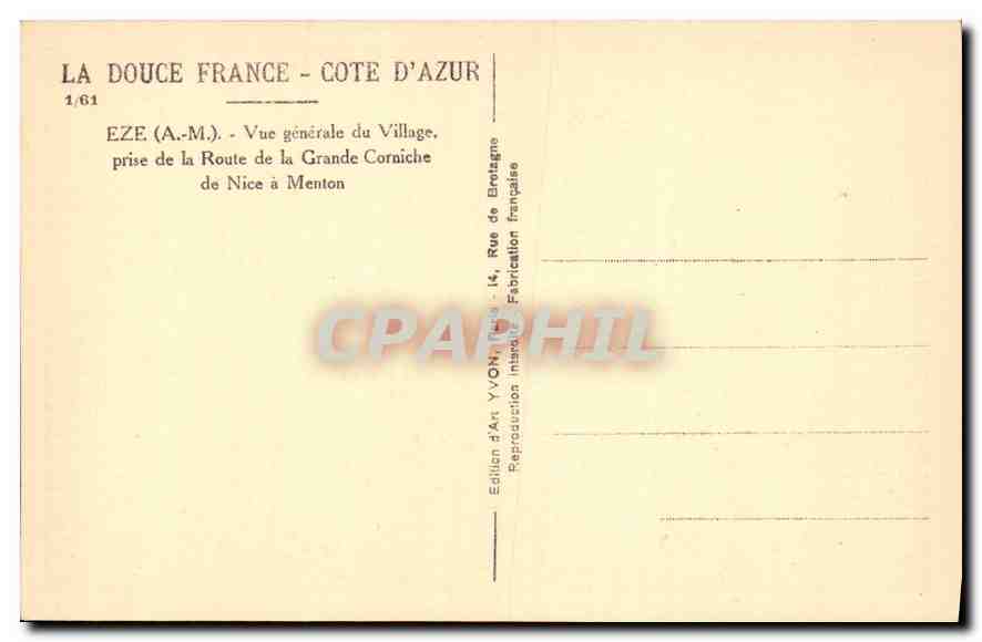CPA La Douce France Cote d'Azur Eze AM Vue generale du Village prise de la Route de la Grande Cornic — Rückseite