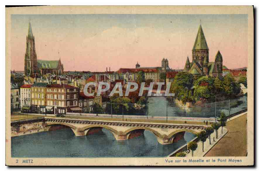 Metz — Vue sur la Moselle et le Pont Moyen — C. DES ARTS PHOTOMÉCANIQUES, Tramsgour