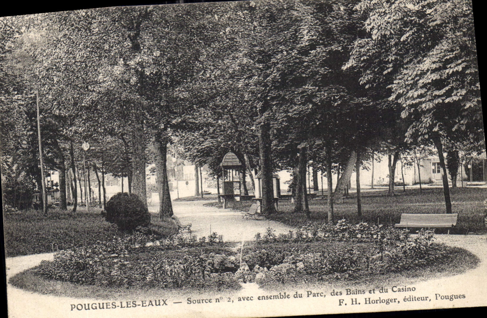 Pouguès-les-Eaux — Source n°2, avec ensemble du Parc, des Bains et du Casino — F. H. Horloger, éditeur, Pouguès