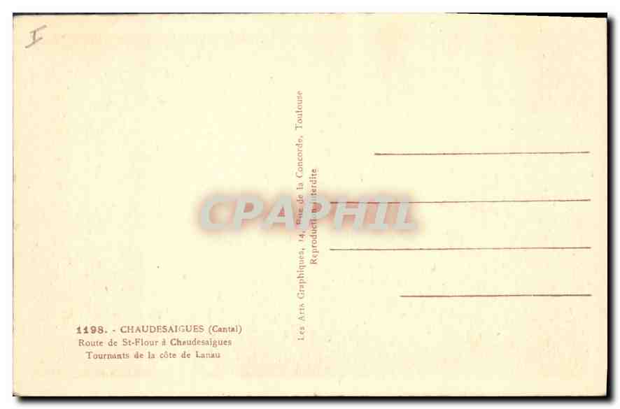 CPA Chaudesaigues Cantal Route de St Flour a Chaudesaigues Tournants de la cote de Lanau  — Rückseite
