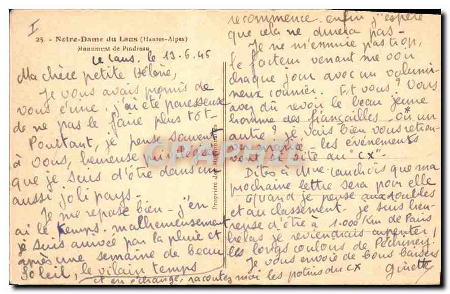 Notre-Dame du Lattes (Alpes de Haute-Provence) — Monumento de Pindreaun — editor desconocido, n° 25 — Reverso