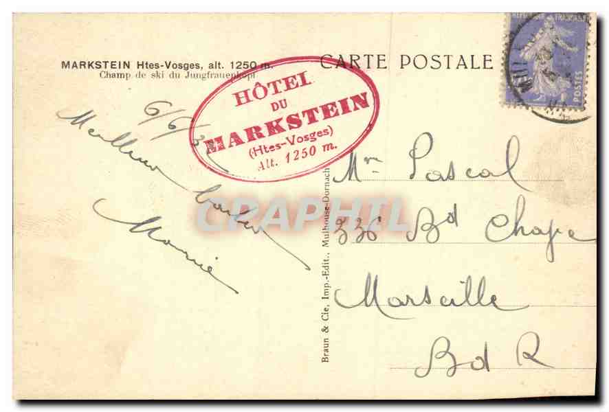 Markstein — Champ de ski du Jungfrauplatz — Hôtel du Markstein, Braun & Cie, Imp.-Edit. Mulhouse-Dornach — Verso