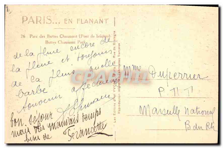 CPA Paris en Flanant Parc des Buttes Chaumont Pont de briques  — Rückseite
