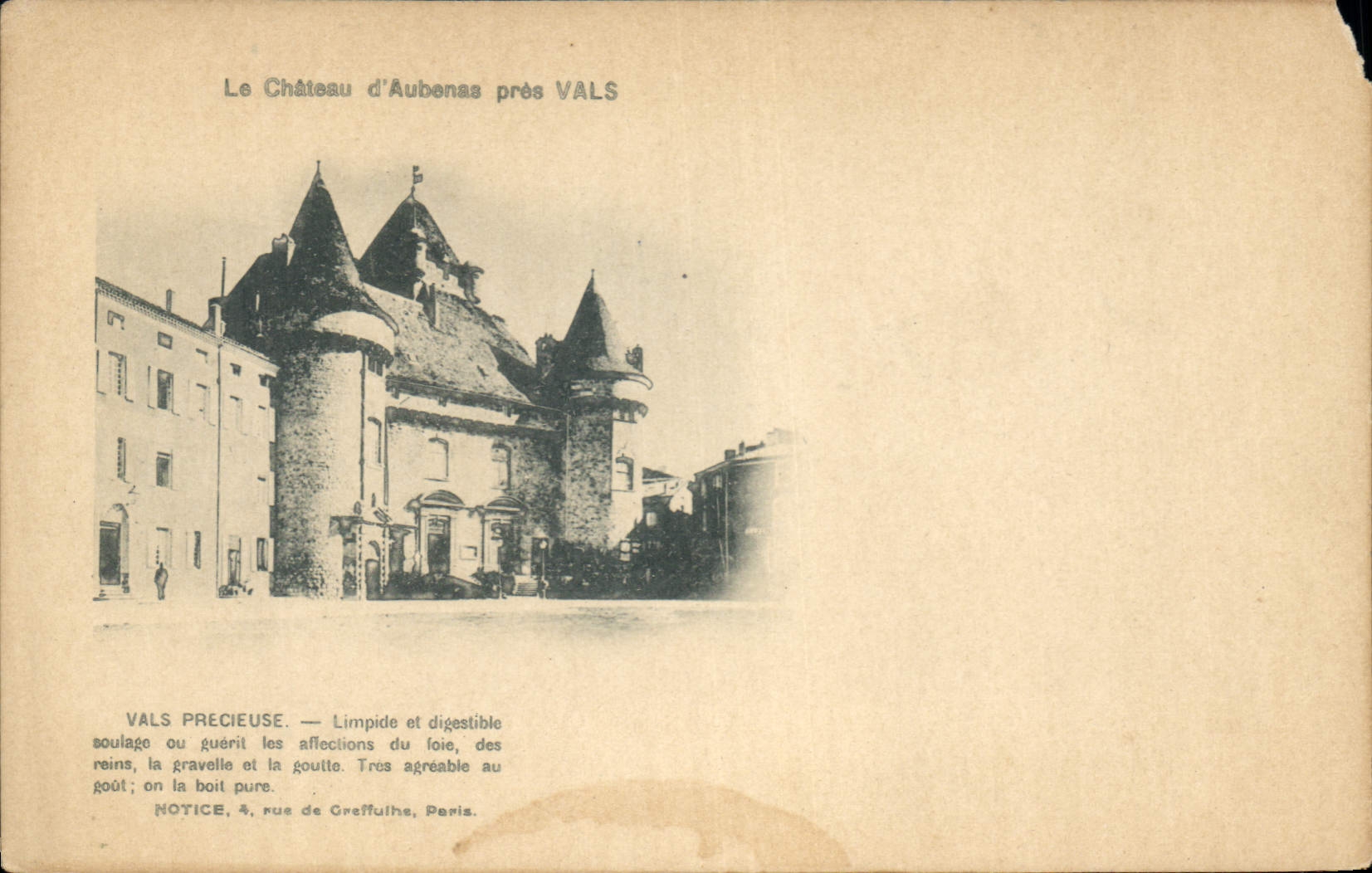 Le Château d'Aubenas près VALS — publicité pour Vals précieuse — NOTICE, 4, rue de Greffulhe, Paris