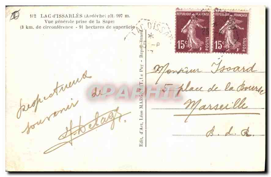 Lac d'Issarlès — vue générale prise de la Sage — éditeur Léon Marquet, Le Puy — Verso