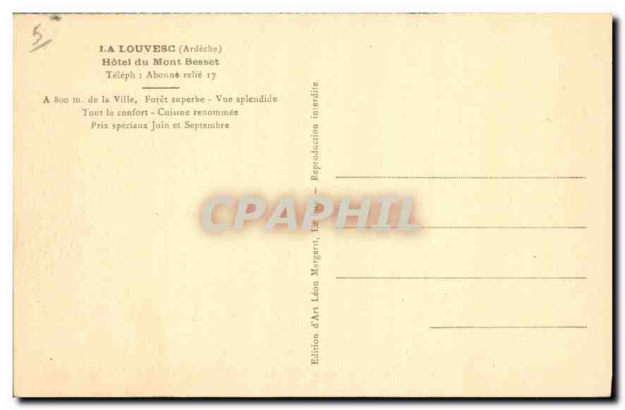 CPA La Louvesc Ardeche Hotel du Mont Besset  — Rückseite