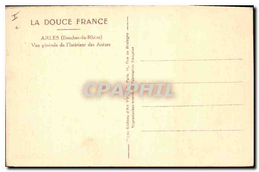 Arles — Vue générale de l'intérieur des Arènes — Les Éditions d'Art YVON, Paris — Verso