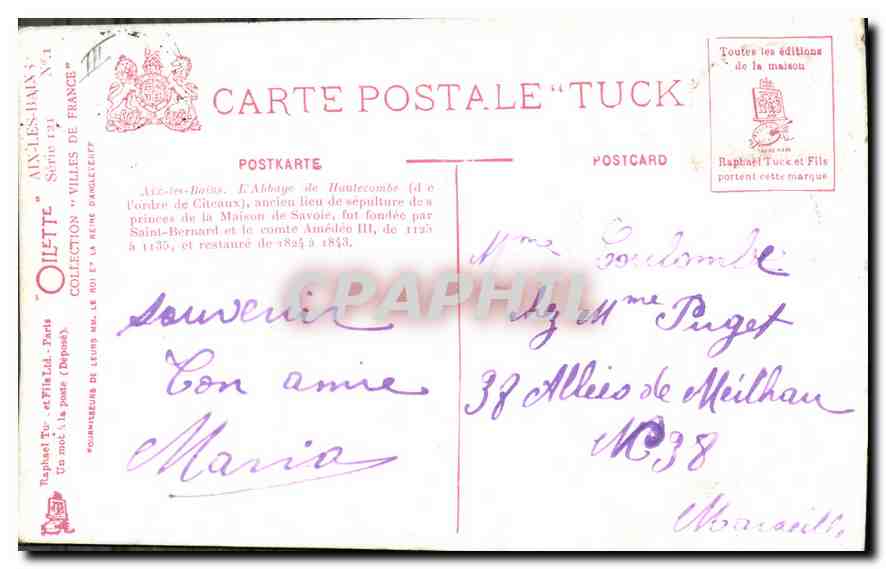 CPA Aix les Bains l'Abbaye de Hautecombe ancien lieu de sepulture des princes de la maison de Savoie — Rückseite