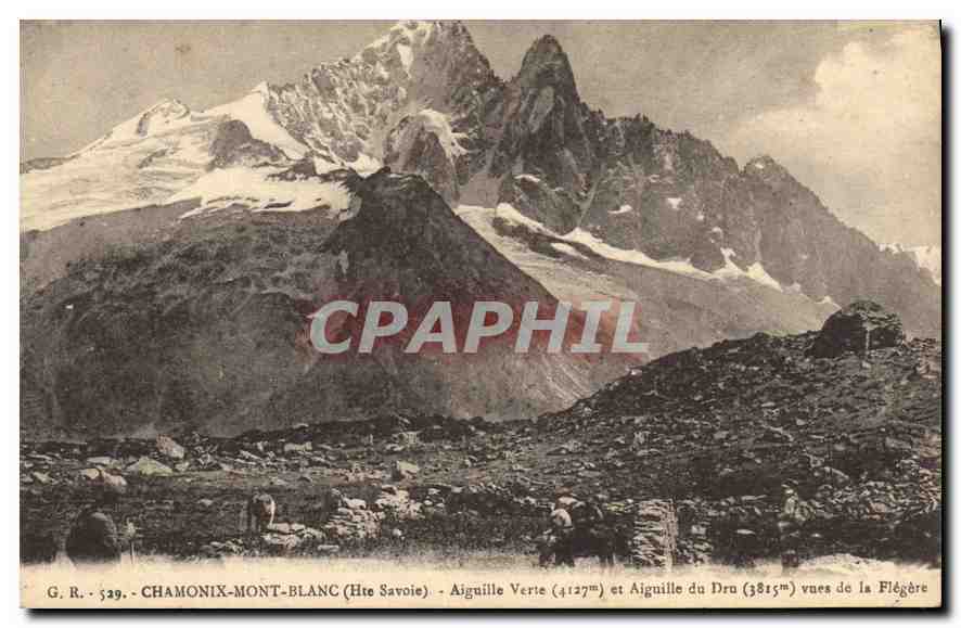 Chamonix-Mont-Blanc (Haute-Savoie) — Aiguille Verte (4127m) et Aiguille du Dru (3815m) vues de la Flégère — G. R. 539