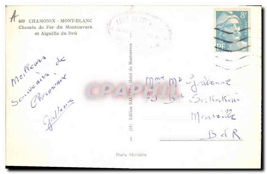 CPA Chamonix Mont Blanc chemin de fer du Montenvers et Aiguille du Dru  — Verso