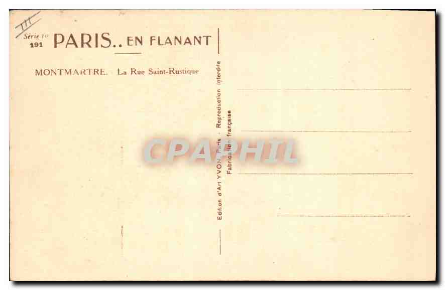 Montmartre — Rue Saint-Rustique — Édition d'Art Yvon, Série 10 — Verso