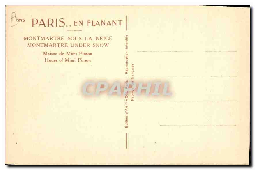 CPA Paris en Flanant Montmartre sous la Neige Maison de Mimi Pinson  — Verso