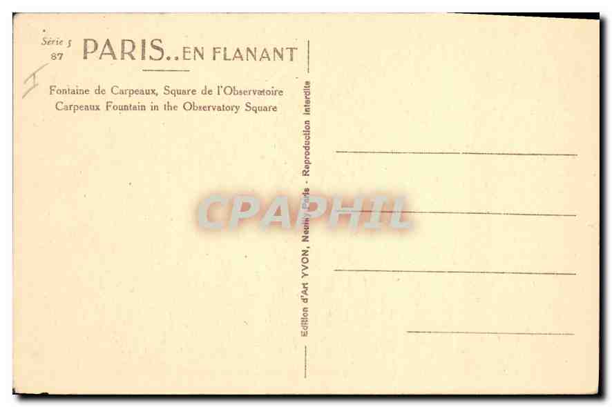 CPA Paris en Flanant Fontaine de Carpeaux Square de l'Observatoire  — Verso