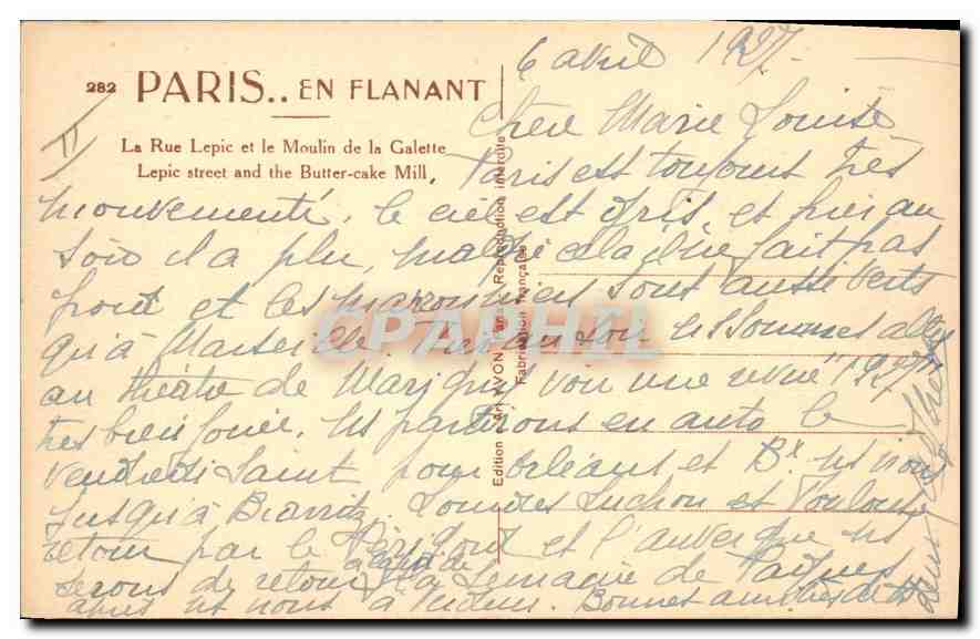 CPA Paris en Flanant La Rue Lepie et le Moulin de la Galette  — Rückseite