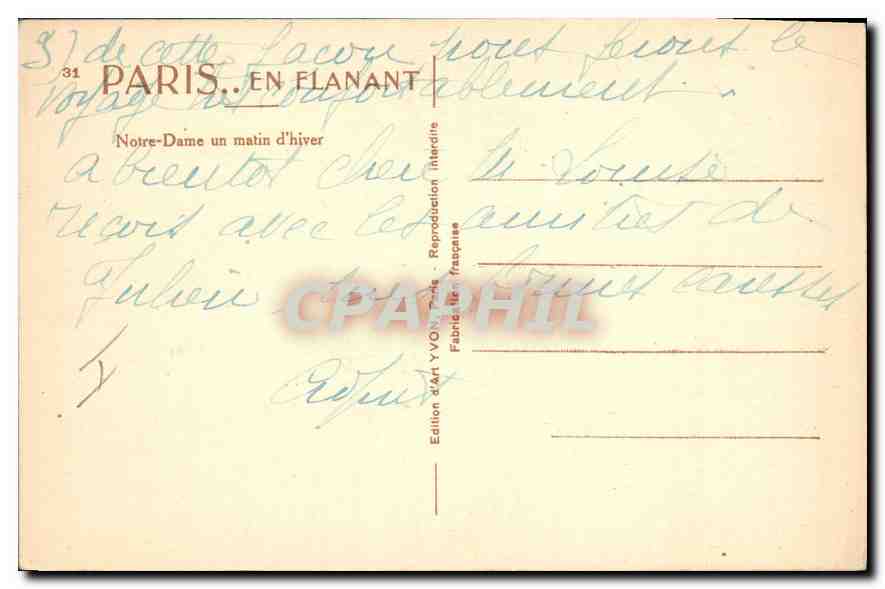 CPA Paris en Flanant Notre Dame un matin d'hiver  — Verso
