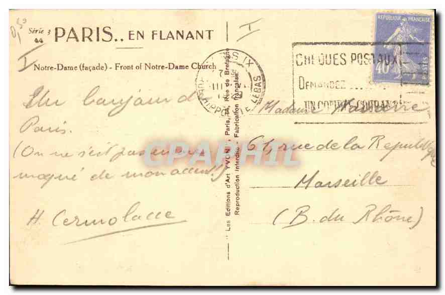 CPA Paris en Flanant Notre Dame facade  — Verso