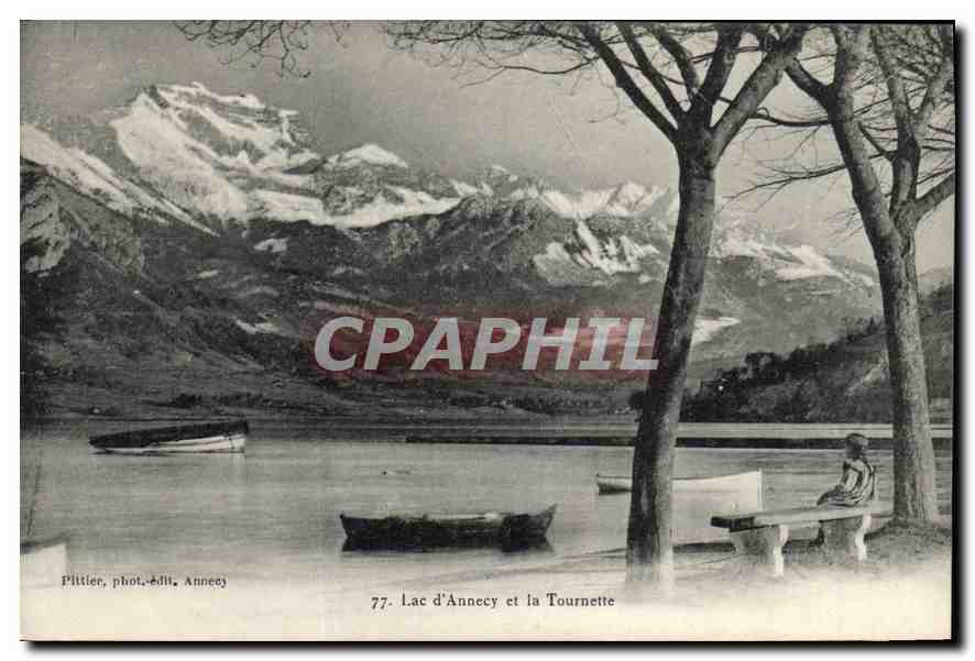 Lac d'Annecy et la Tournette — vue panoramique avec montagnes enneigées — Plitier, phot. édit. Annecy, n° 77