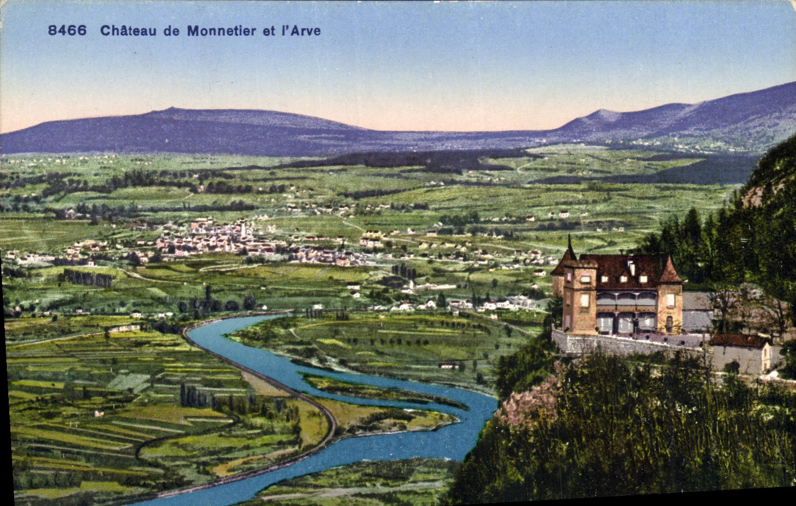 Château de Monnetier et l'Arve — vue panoramique — Phototypie Co., Neuchâtel, n° 8466