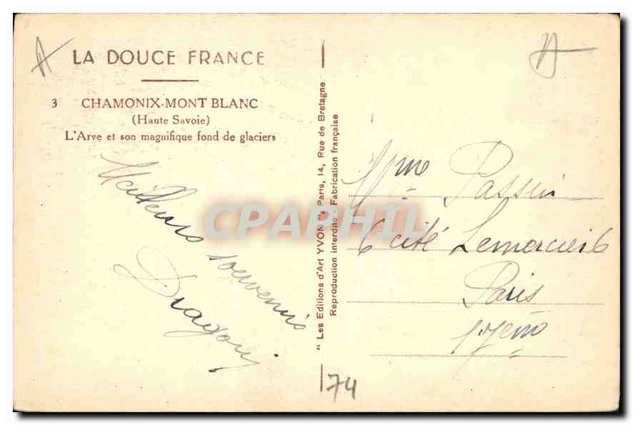 Chamonix-Mont-Blanc — L'Arve et son magnifique fond de glaciers — Les Éditions d'Art Yvon, Paris — Verso