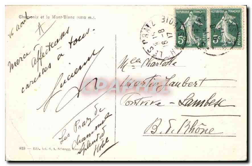Chamonix et le Mont-Blanc (4810 m.) — Éditeur Art. S. A. Schnegg, n° 819 — Verso