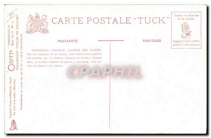 Château de Versailles — Galerie des Glaces — éditeur Oilette, série IV — Verso