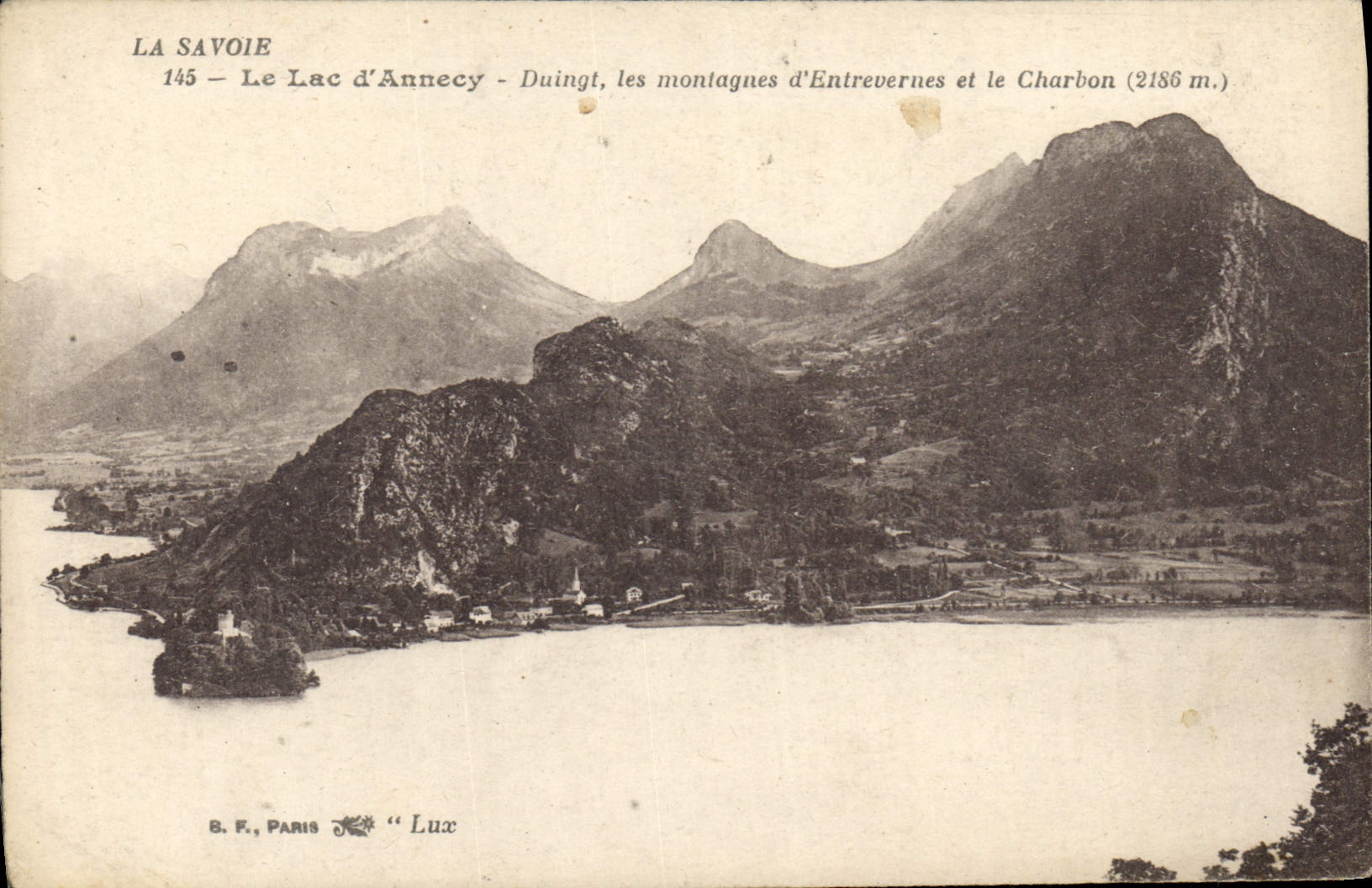 Lac d'Annecy — Duingt, les montagnes d'Entrevernes et le Charbon (2186 m.) — B. F., Paris, n° 145