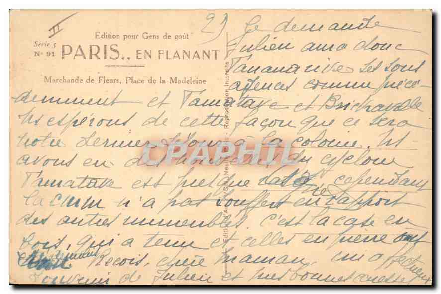 CPA Paris en Flanant Marchande de Fleurs Place de la Madeleine  — Rückseite