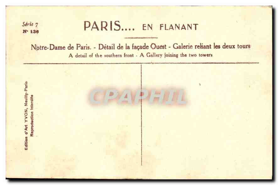 CPA Paris en Flanant Notre Dame de Paris Detail de la facade Ouest Galerie reliant les deux tours  — Verso